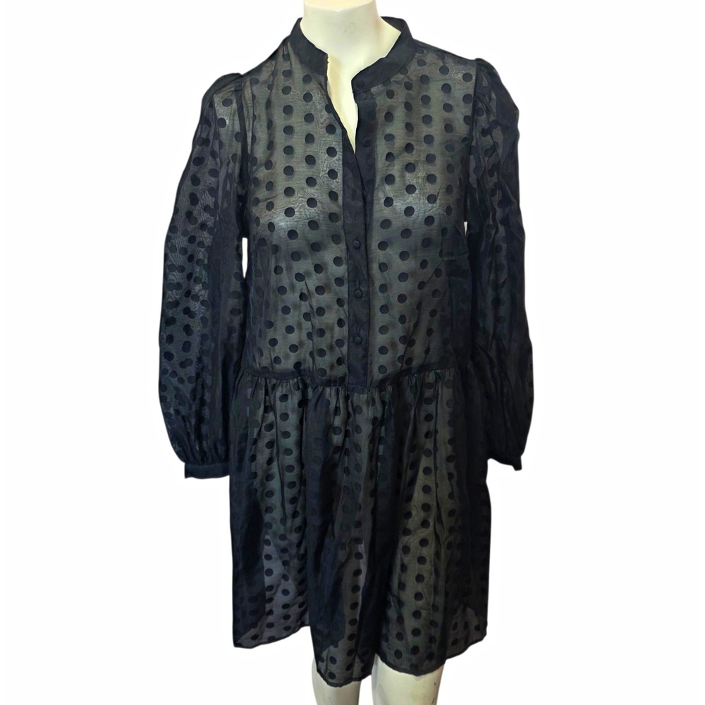 H&M Black Sheer Polka Dot Dress M Puff Sleeve Button Front Drop Waist NWT